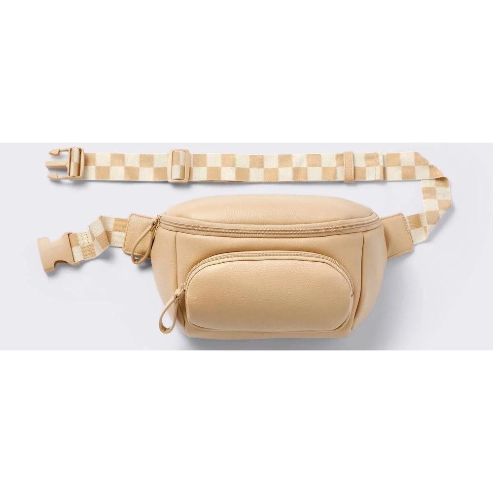 Cloud Island Tan Faux Leather Diaper Fanny Pack Waist Bag Checkered Strap NEW